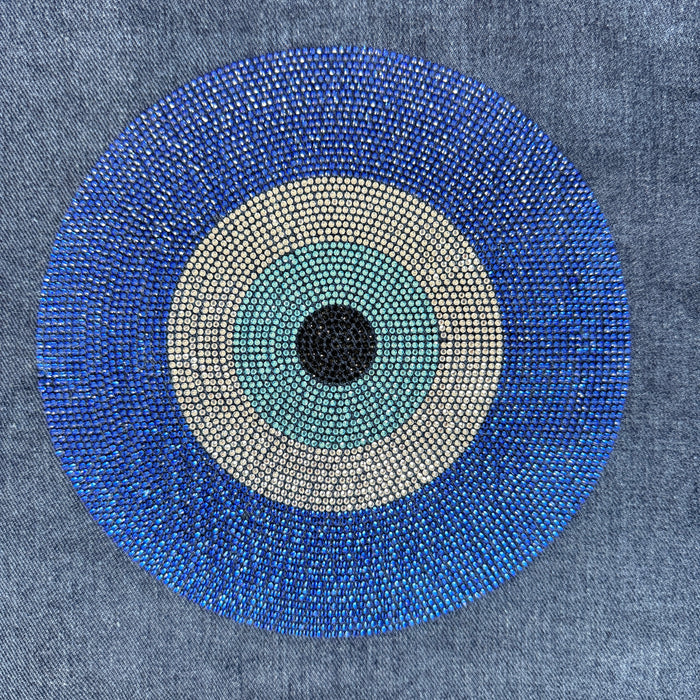 Evil Eye Crystal Rhinestone Hand Embellished Distressed Jean Jacket | Unique | Size:XL | Missey & Daff