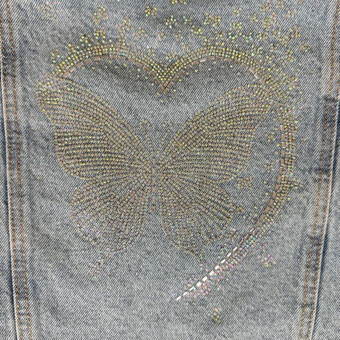 Butterfly Crystal Rhinestone Hand Embellished Denim Jacket | Unique | Size: XL | Missey & Daff