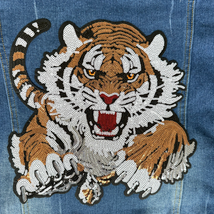 Tiger Sequin Hand Embellished Denim Jacket | Unique | Size: XL | Missey & Daff