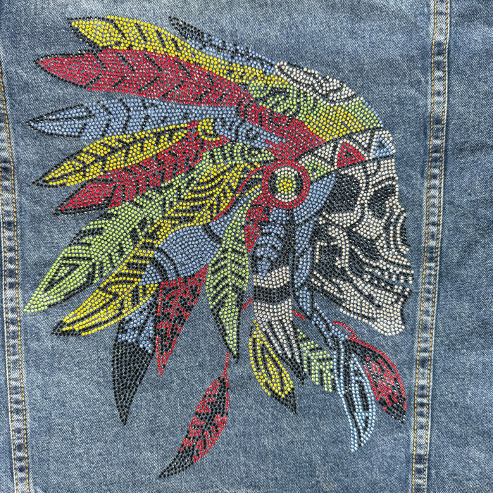 Crystal Rhinestone Skull with Feathers Headdress Hand Embellished Denim Jacket (Relaxed Fit) | Unique  | Size:XL