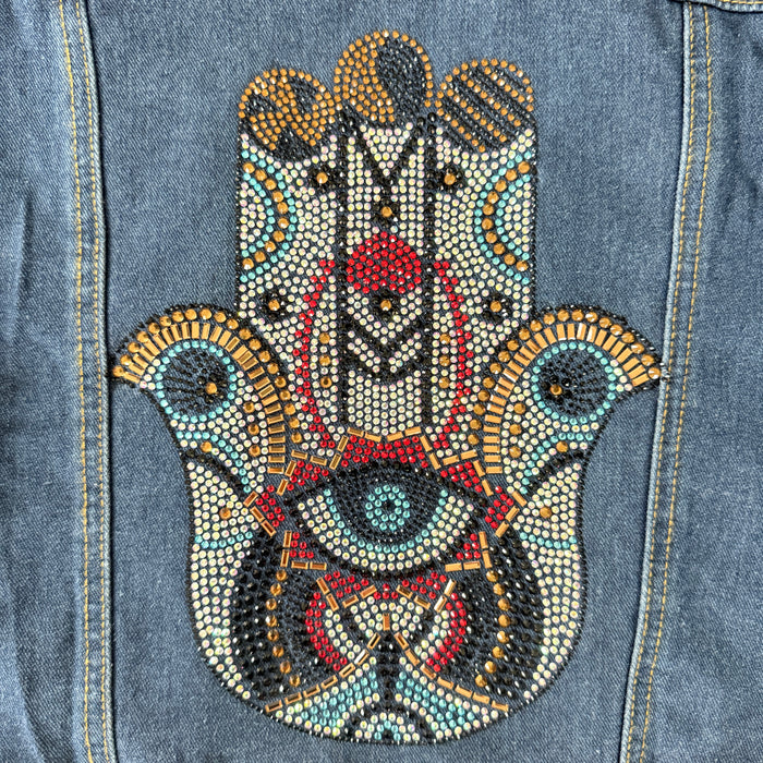 Crystal Rhinestone Hamsa Denim Jacket Hand-Embellished | Unique |  Size:XL | Missey & Daff