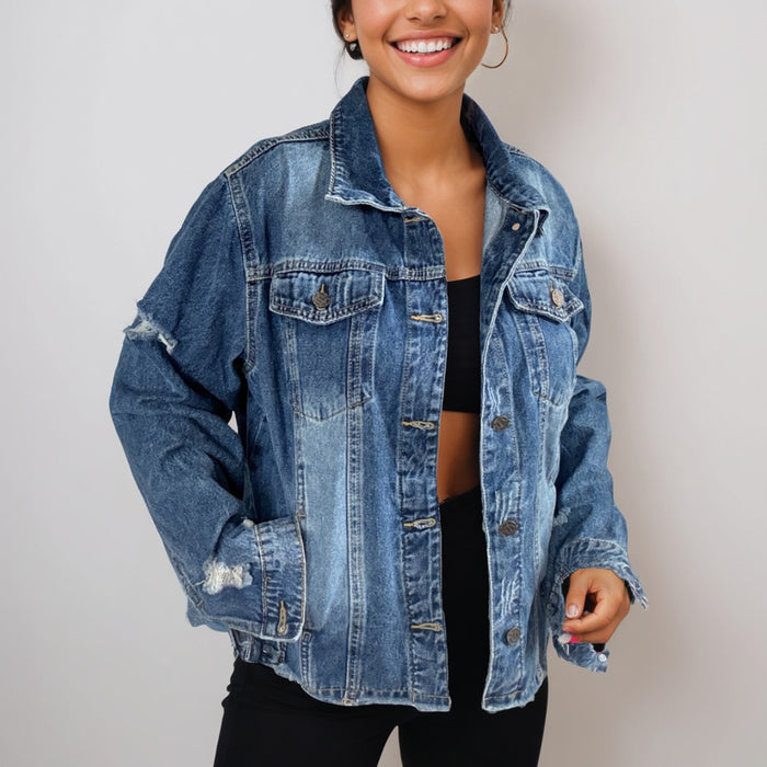 Crystal Rhinestone Skull with Feathers Headdress Hand Embellished Denim Jacket (Relaxed Fit) | Unique  | Size:XL