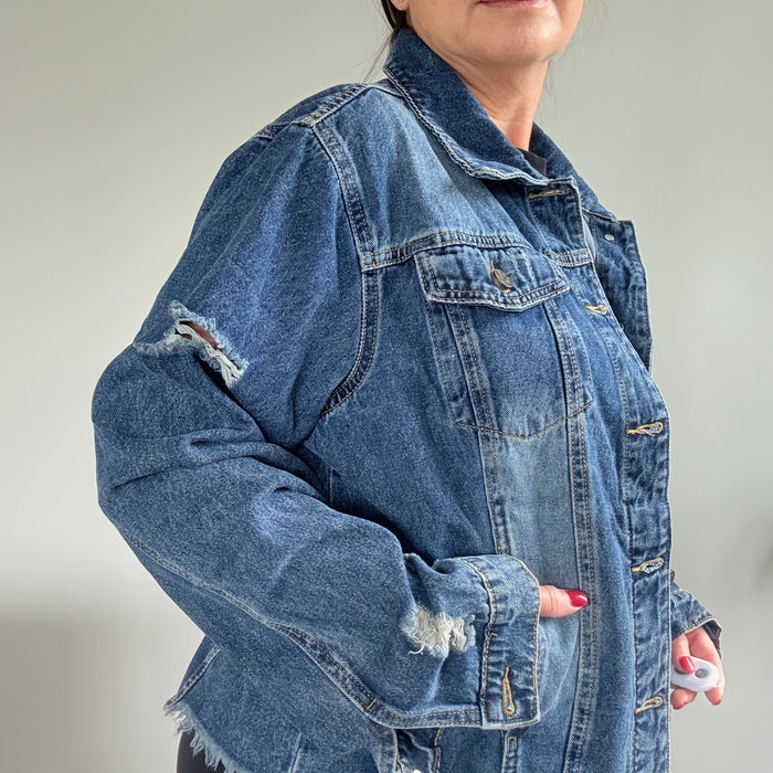 Crystal Rhinestone Skull with Feathers Headdress Hand Embellished Denim Jacket (Relaxed Fit) | Unique  | Size:XL