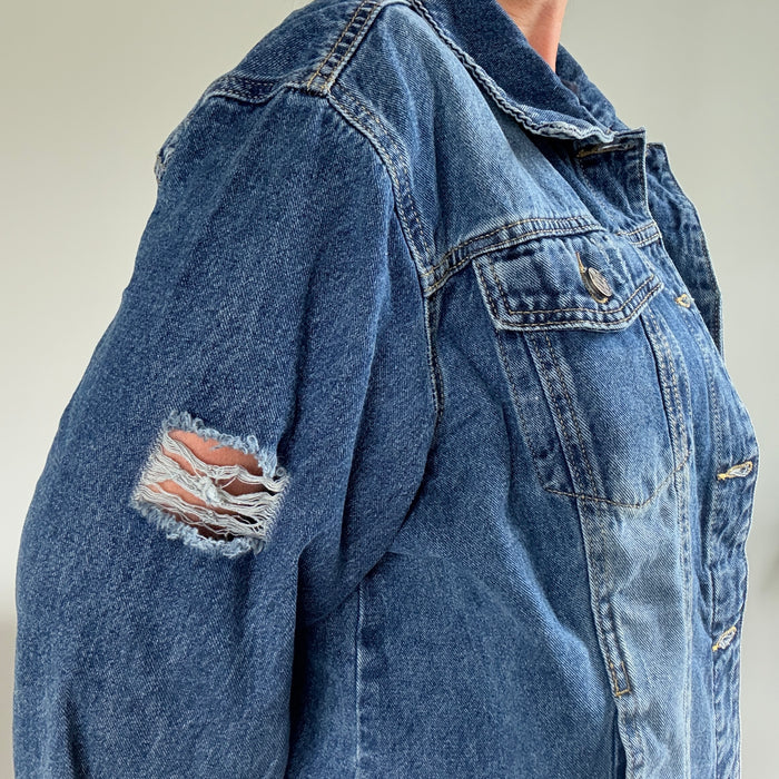 Crystal Rhinestone Skull with Feathers Headdress Hand Embellished Denim Jacket (Relaxed Fit) | Unique  | Size:XL