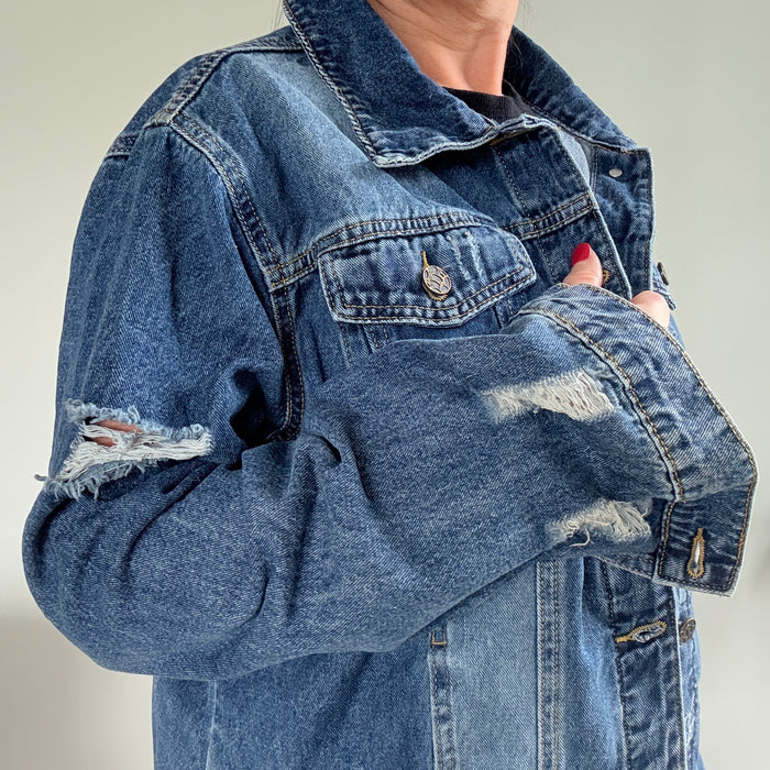 Crystal Rhinestone Skull with Feathers Headdress Hand Embellished Denim Jacket (Relaxed Fit) | Unique  | Size:XL