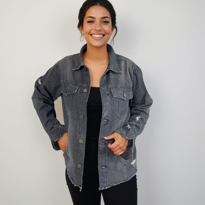 Horses Sequin Hand Embellished on Distressed Black Jean Jacket (Relaxed Fit)  | Unique |  Size: XL | Missey & Daff