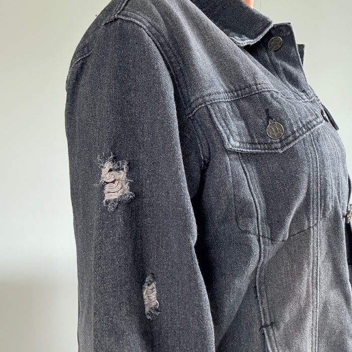 Horses Sequin Hand Embellished on Distressed Black Jean Jacket (Relaxed Fit)  | Unique |  Size: XL | Missey & Daff