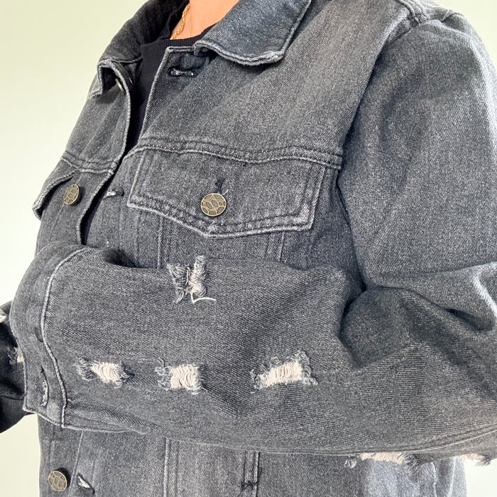 Horses Sequin Hand Embellished on Distressed Black Jean Jacket (Relaxed Fit)  | Unique |  Size: XL | Missey & Daff