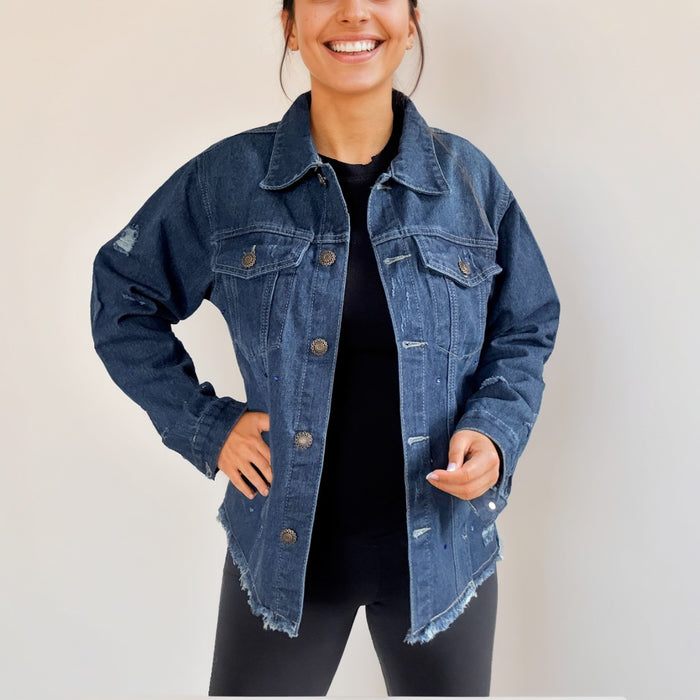 Evil Eye Crystal Rhinestone Hand Embellished Distressed Jean Jacket | Unique | Size:XL | Missey & Daff