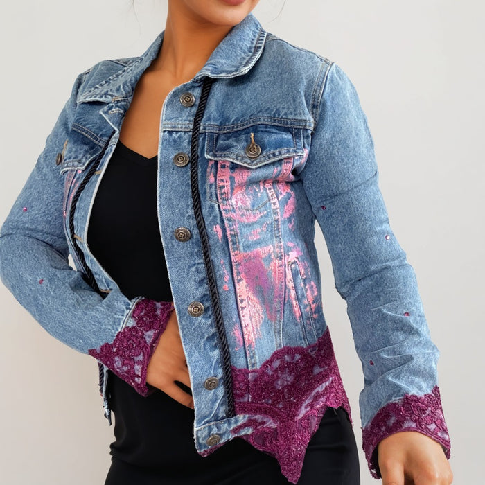 Magenta  Foil & Lace Hand-Embellished Jean Jacket | Unique | Size : XS | Missey & Daff