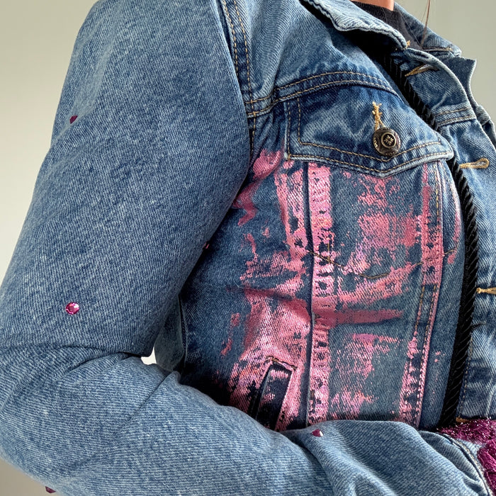Magenta  Foil & Lace Hand-Embellished Jean Jacket | Unique | Size : XS | Missey & Daff