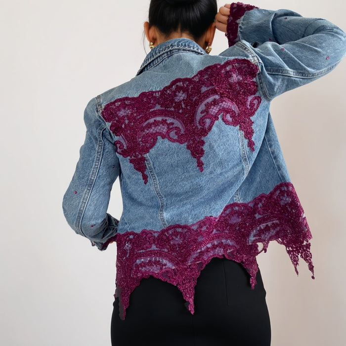 Magenta  Foil & Lace Hand-Embellished Jean Jacket | Unique | Size : XS | Missey & Daff