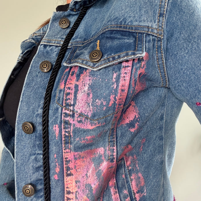 Magenta  Foil & Lace Hand-Embellished Jean Jacket | Unique | Size : XS | Missey & Daff