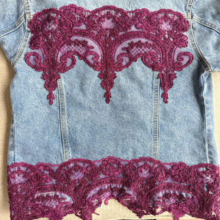 Magenta  Foil & Lace Hand-Embellished Jean Jacket | Unique | Size : XS | Missey & Daff