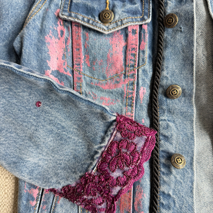 Magenta  Foil & Lace Hand-Embellished Jean Jacket | Unique | Size : XS | Missey & Daff