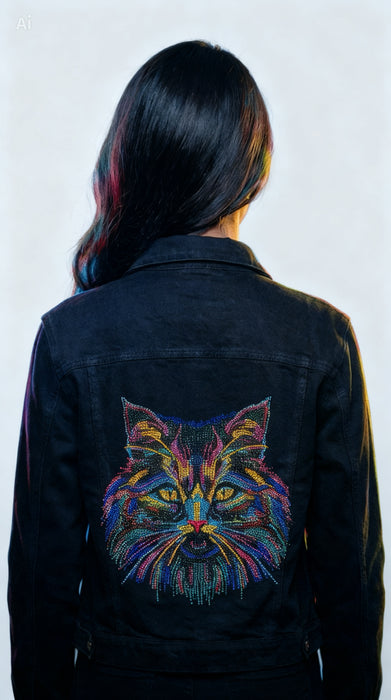 Midnight Prism Feline Couture Embellished Denim Jacket