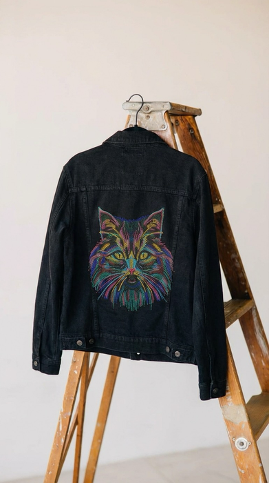 Midnight Prism Feline Couture Embellished Denim Jacket