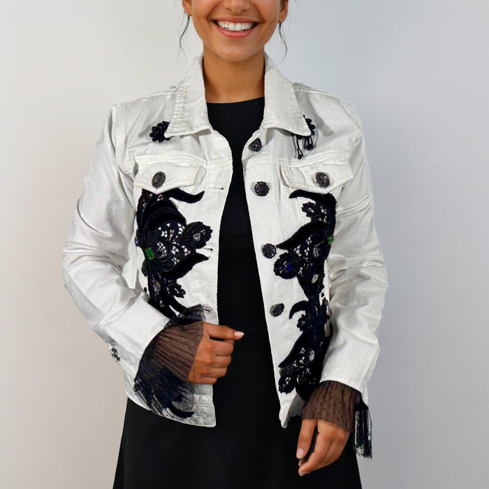 White Handmade Denim Jacket Embellished with Crystal Appliqué and Fringe Sleeves | Unique| Missey & Daff