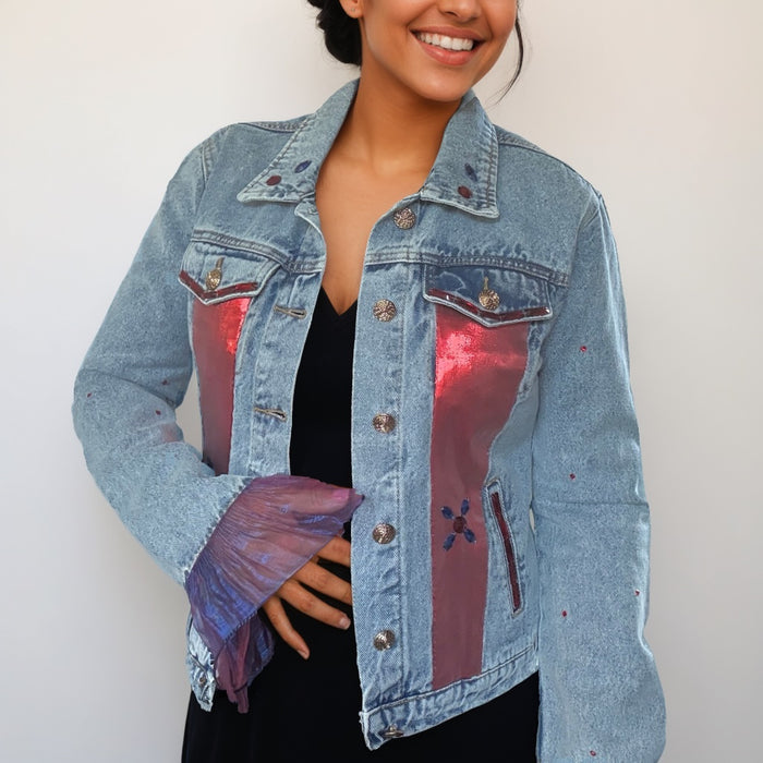 Handmade Denim Jacket  Embellished with Satin Panels and Sheer Ruffle Sleeves | Unique | Missey & Daff