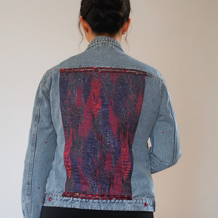 Handmade Denim Jacket  Embellished with Satin Panels and Sheer Ruffle Sleeves | Unique | Missey & Daff