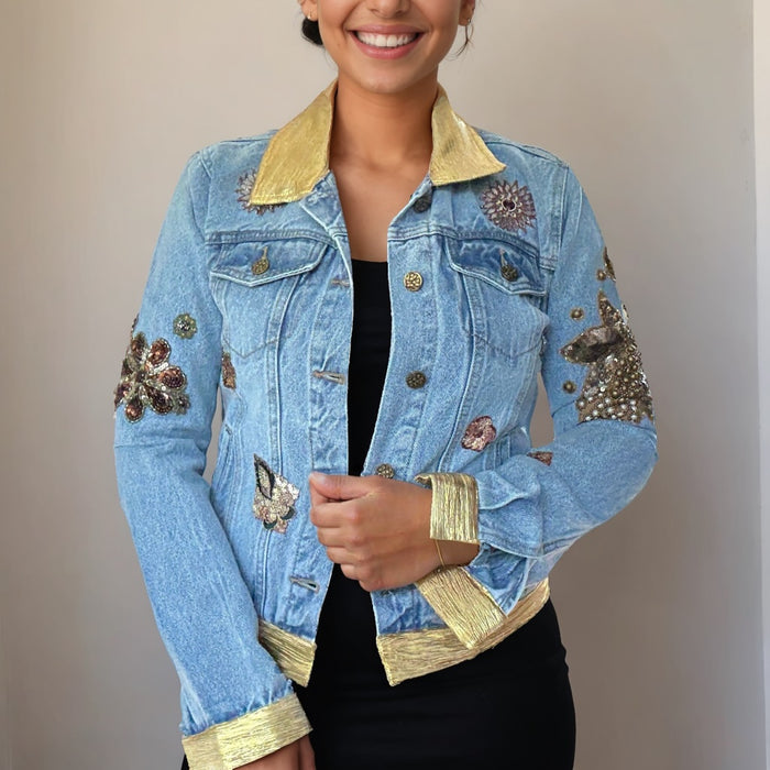 Denim Jacket Handmade with Beaded Applique and Gold Trim | Unique | Missey & Daff
