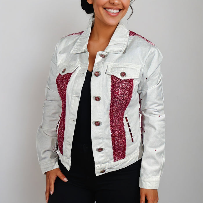 Handmade White Denim Jacket – Embellished with Red Beaded & Sequin Tulle| Unique | Missey & Daff