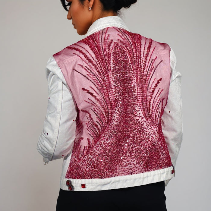 Handmade White Denim Jacket – Embellished with Red Beaded & Sequin Tulle| Unique | Missey & Daff
