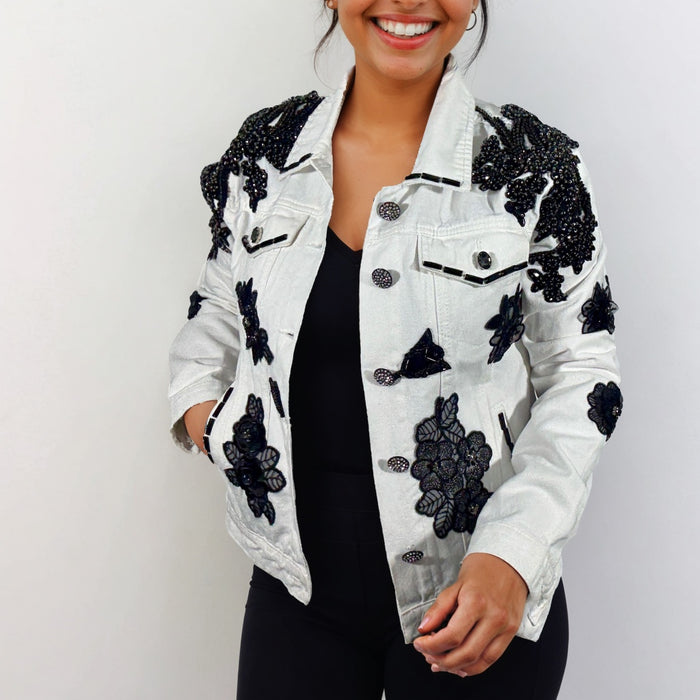 Handmade White Denim Jacket – Embellished with Black Floral Appliqué & Beads | Unique | Missey & Daff