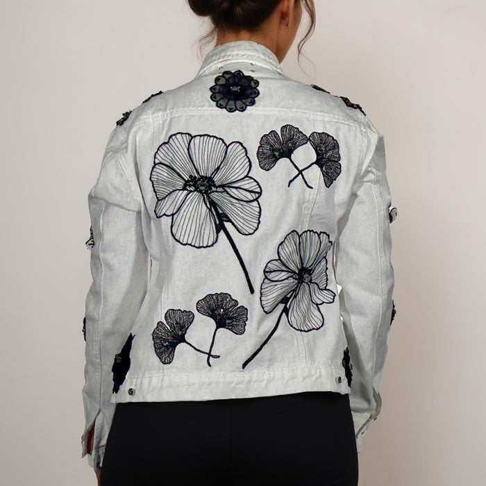 Handmade White Denim Jacket – Embellished with Black Floral Appliqué & Beads | Unique | Missey & Daff