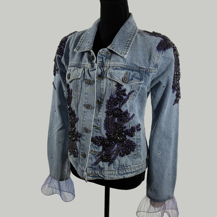 Purple Embellished Denim Jacket – Handcrafted Beaded Floral Appliqué with Satin Back Panel | Missey & Daff