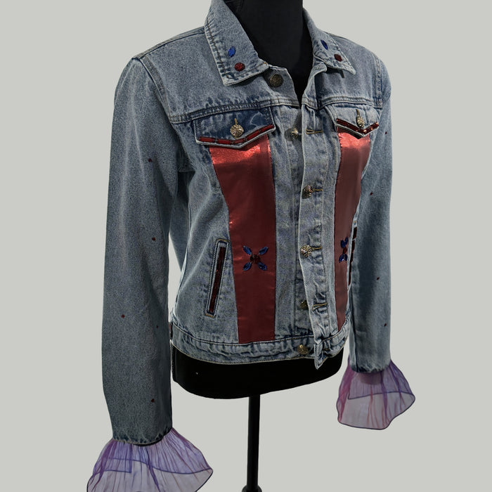 Red & Blue Satin Panel Embellished Denim Jacket – Handcrafted Statement with Sheer Ruffle Sleeves | Missey & Daff