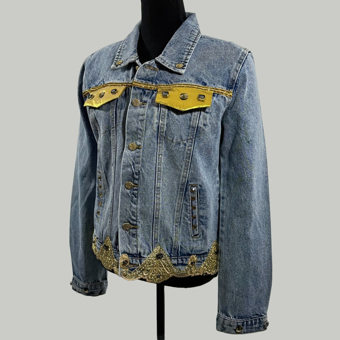 Blue Denim Jacket with Gold Appliqué & Embellished Back – Handcrafted Luxe Statement | Missey & Daff