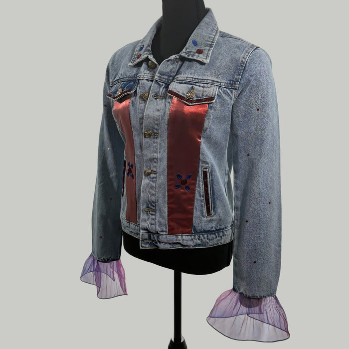 Red & Blue Satin Panel Embellished Denim Jacket – Handcrafted Statement with Sheer Ruffle Sleeves | Missey & Daff