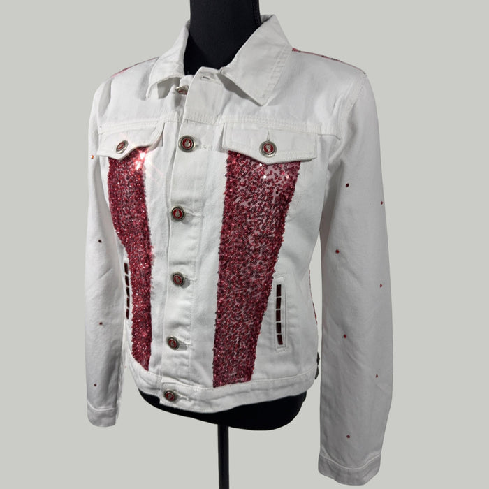 White Denim Jacket with Red Beaded & Sequin Embellishments – Handcrafted Statement | Missey & Daff