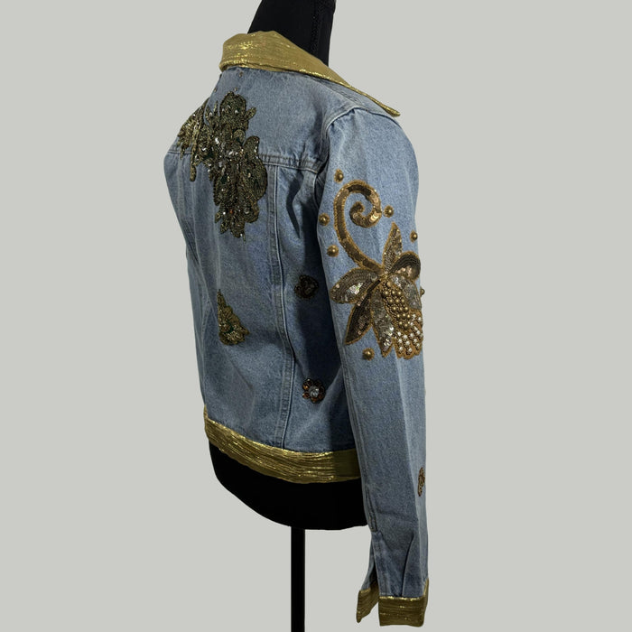 Blue Denim Jacket with Gold Trim & Embellished Floral Appliqué – Handcrafted Luxe Statement | Missey & Daff