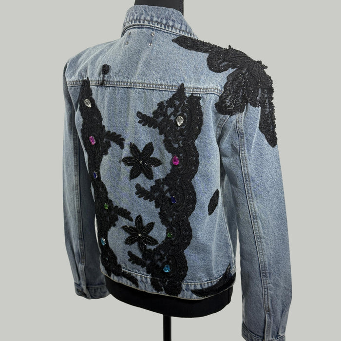 Blue Denim Jacket with Black Lace Appliqué & Sequin Embellishments – Handcrafted Statement | Missey & Daff