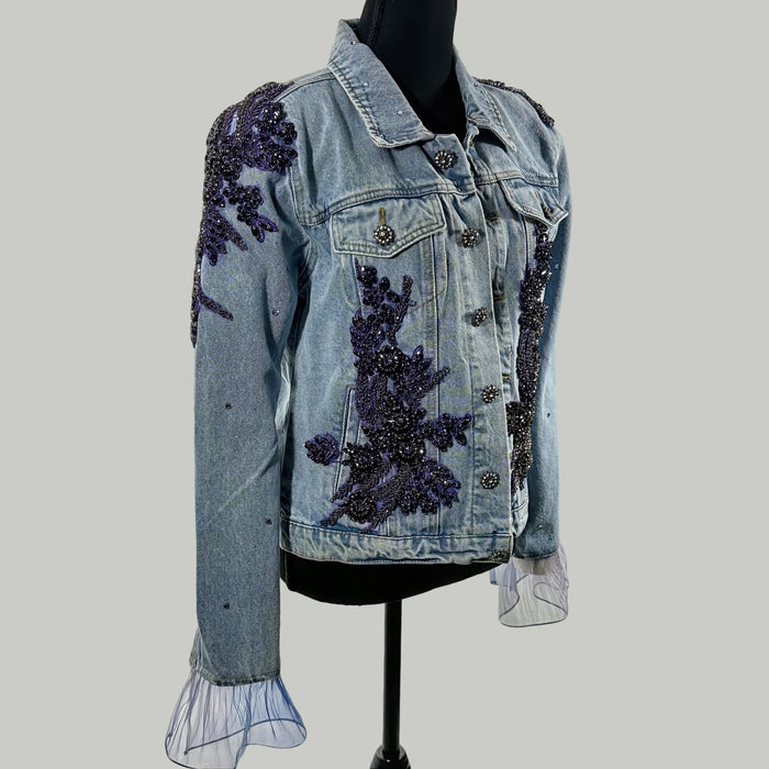 Purple Embellished Denim Jacket – Handcrafted Beaded Floral Appliqué with Satin Back Panel | Missey & Daff