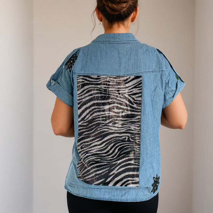 Hand Embellished Zebra Crystal Denim Shirt | Animal Print Back Panel | Unique | Size: L | Missey & Daff