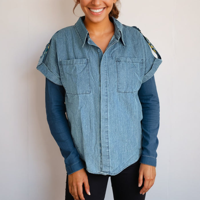 Hand Embellished Zebra Crystal Denim Shirt | Animal Print Back Panel | Unique | Size: L | Missey & Daff