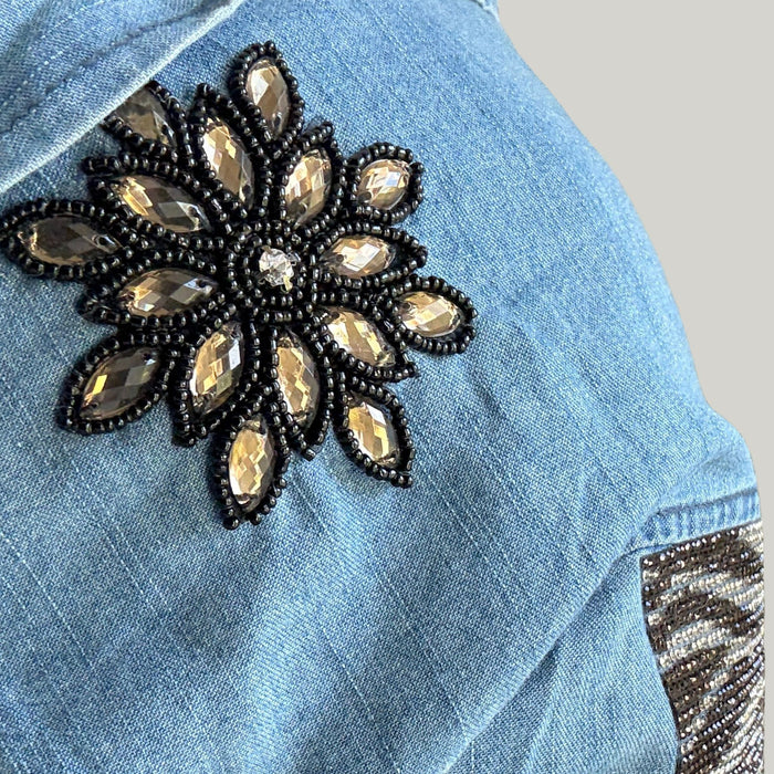 Hand Embellished Zebra Crystal Denim Shirt | Animal Print Back Panel | Unique | Size: L | Missey & Daff