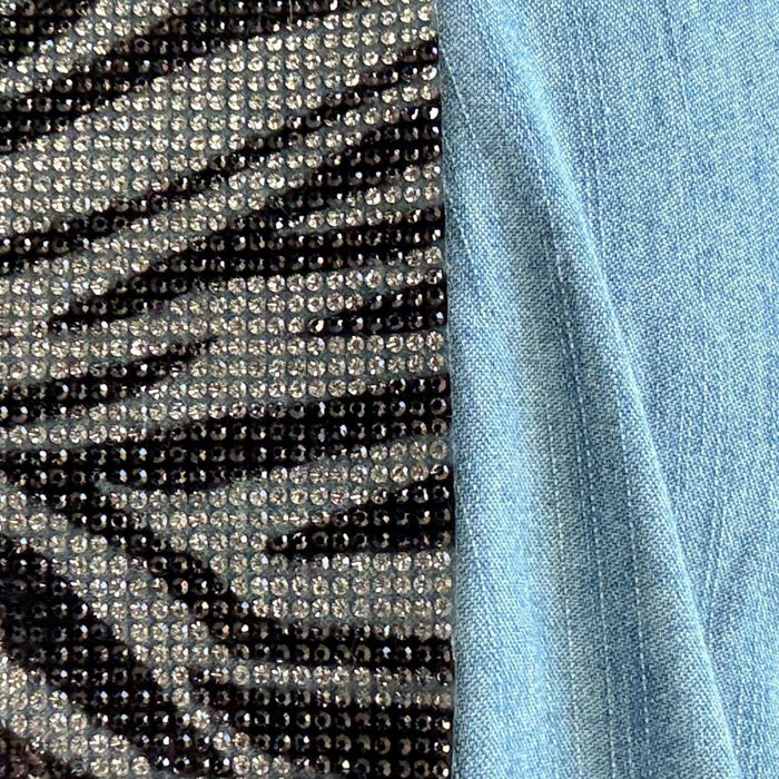 Hand Embellished Zebra Crystal Denim Shirt | Animal Print Back Panel | Unique | Size: L | Missey & Daff