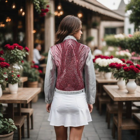 Back view of couture embellished women’s denim jacket