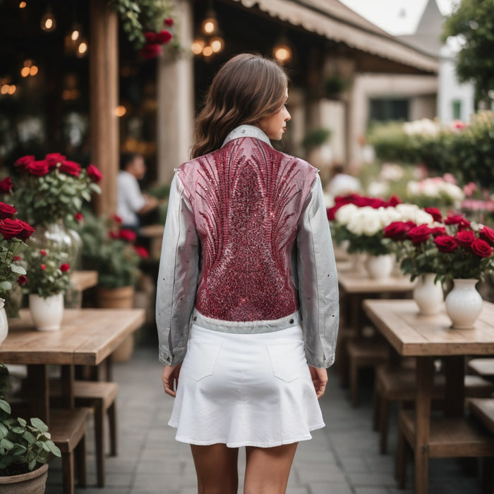 Back view of couture embellished women’s denim jacket