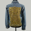 back view of denim jacket with ornate gold embroidered panel