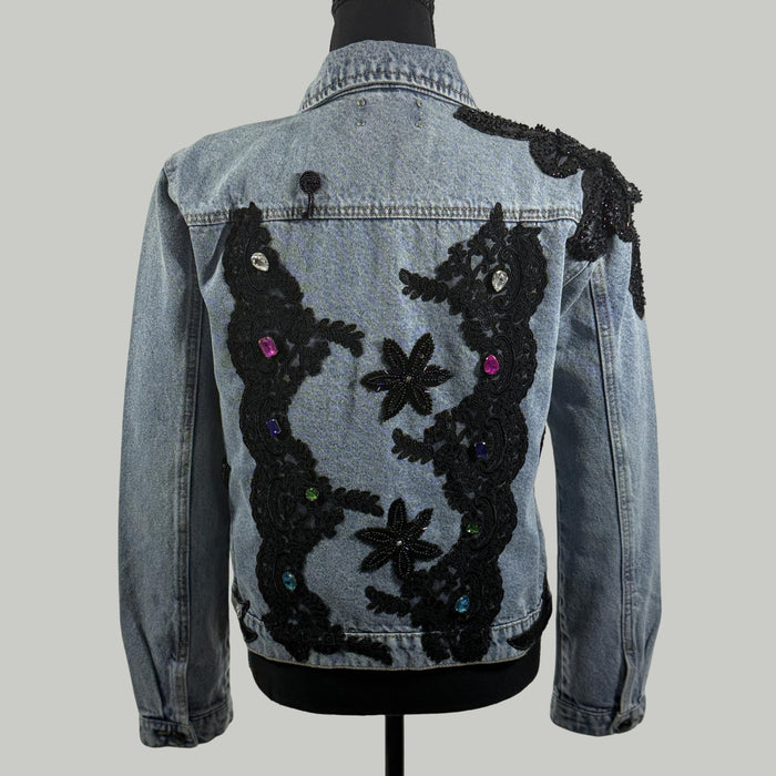 back view of handmade embellished denim jacket with gemstones