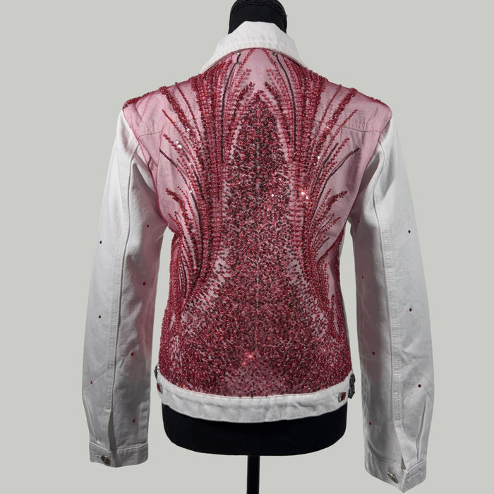 back view of white embellished denim jacket with red sequins