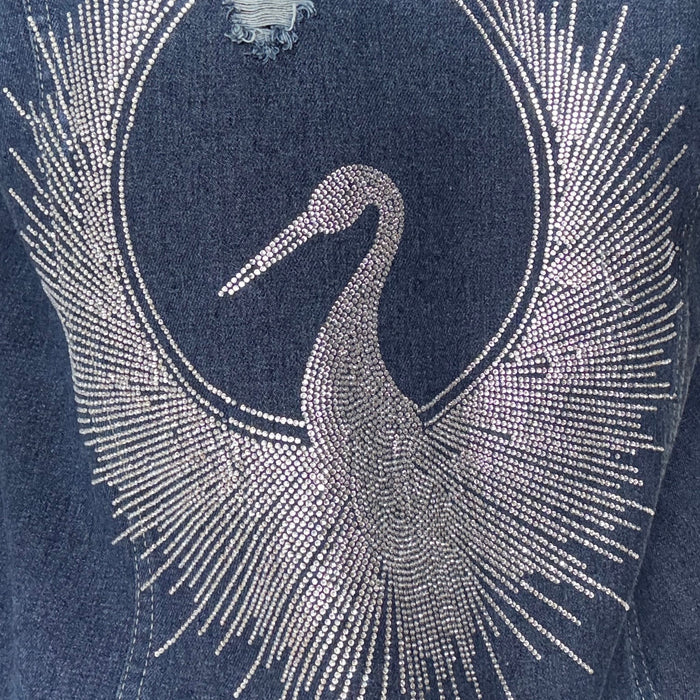 Hand-Embellished Crystal Heron Denim Jacket | Unique | Size: M | Missey & Daff