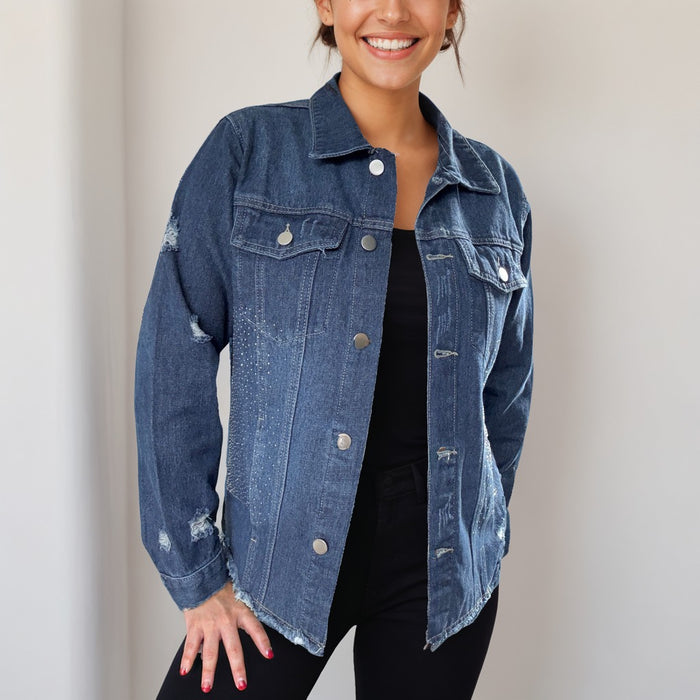 Hand-Embellished Crystal Heron Denim Jacket | Unique | Size: M | Missey & Daff