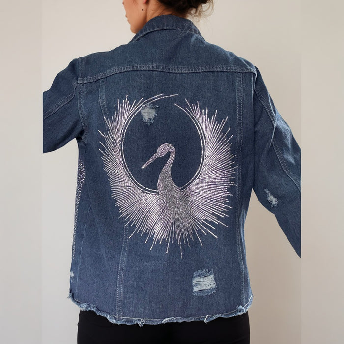Hand-Embellished Crystal Heron Denim Jacket | Unique | Size: M | Missey & Daff