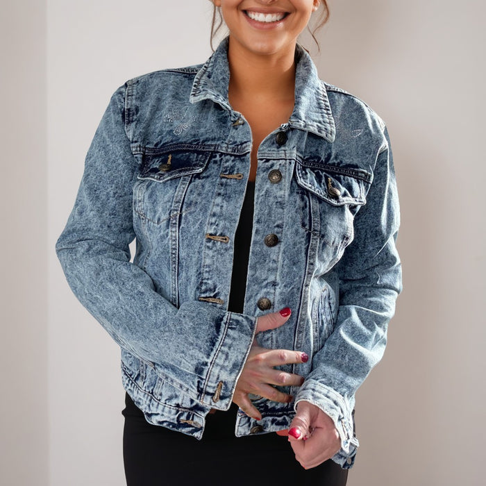 Waves Design Denim Jacket with Rhinestone Waves | Unique | Size: M | Missey & Daff